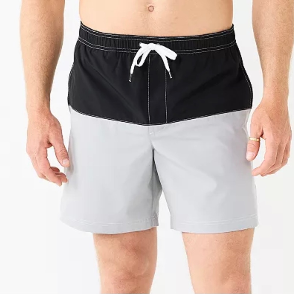 NWT Sonoma Mens Size XXL Color Block Swim Trunks Shorts 7” Black And Grey‎